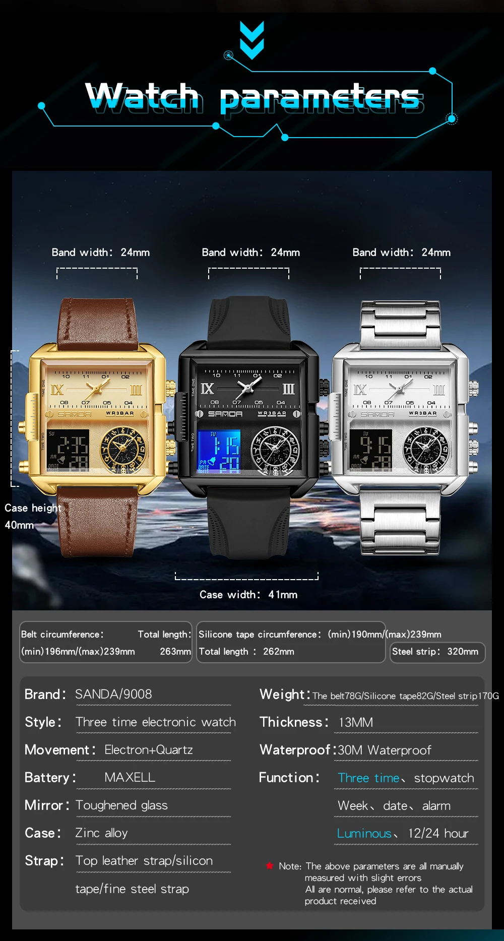 SANDA-reloj electrónico multifunción para hombre, pulsera de cuarzo con esfera cuadrada y tres pantallas, doble movimiento, 9008