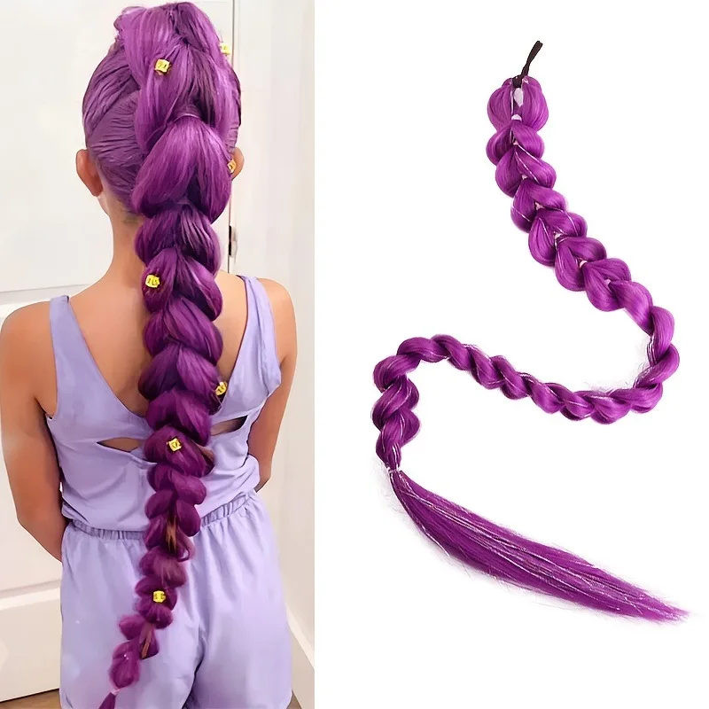 Synthetic 32 Inch Purple Jumbo Braided Ponytail Hair Extensions With Gold Beads Long Braid Ponytail For Cosplay Party