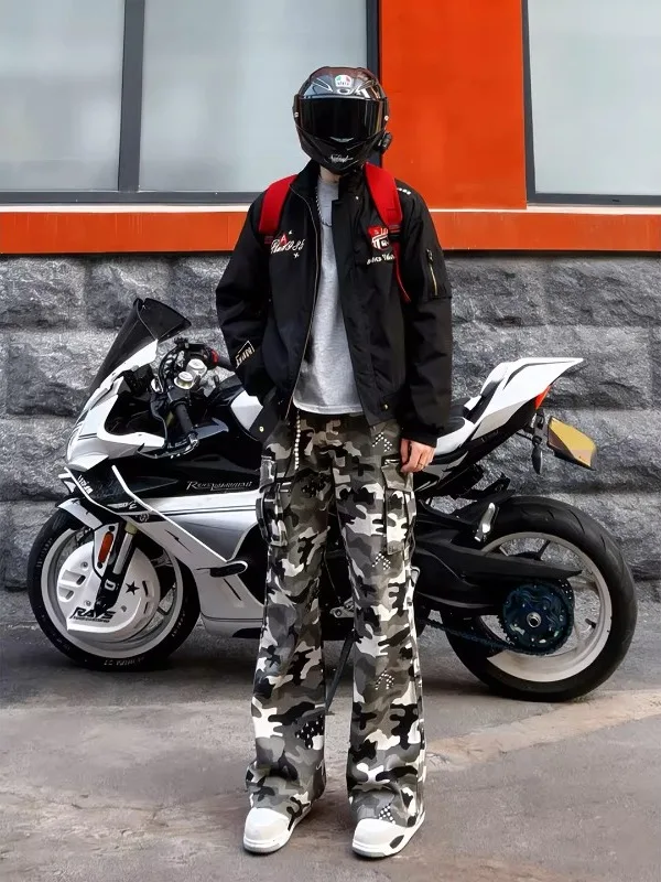 

Camouflage Work Pants Men's Spring American Vibe Bow Knife Pants Large ket Flared Jeans Straight Leg Micro Flare Pants