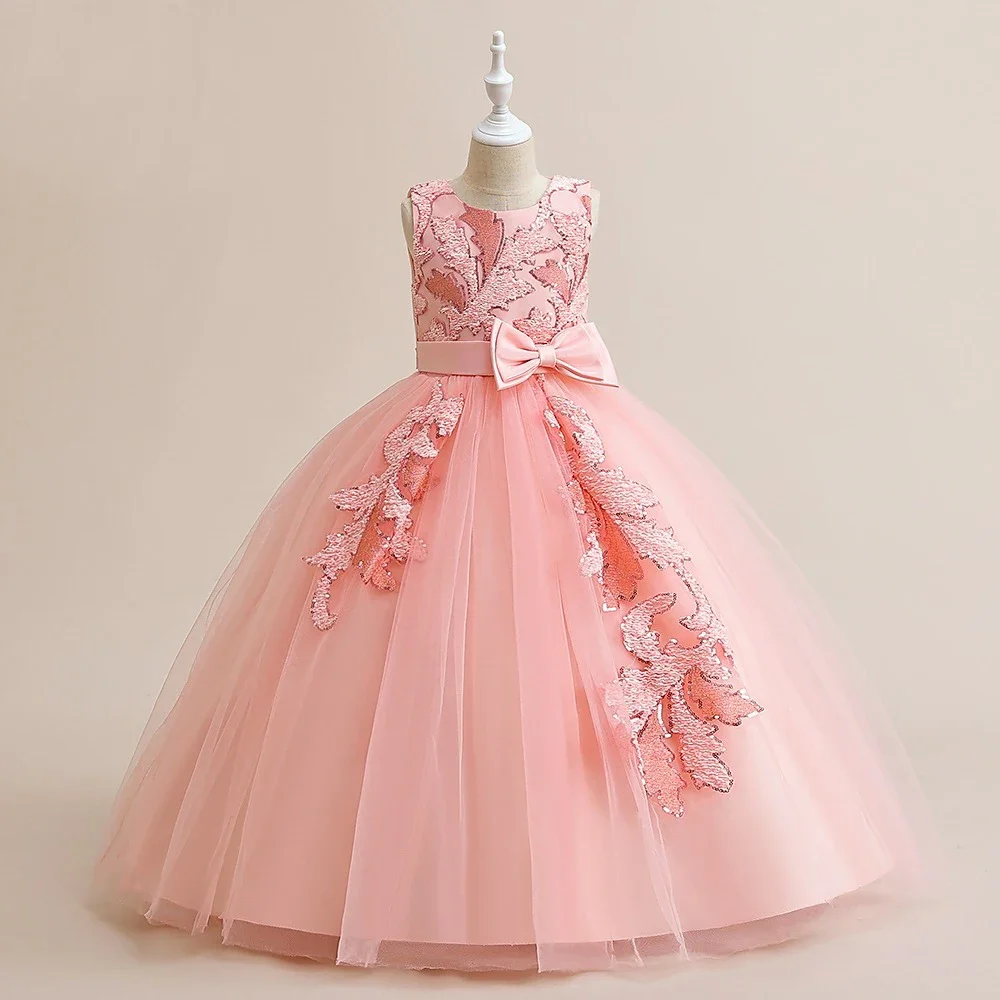 Summer Bridesmaid Dresses Bow Lace Mesh Sleeveless Flower Girl Dresses for Wedding Fashion Girls Party Dress 6-17 Years