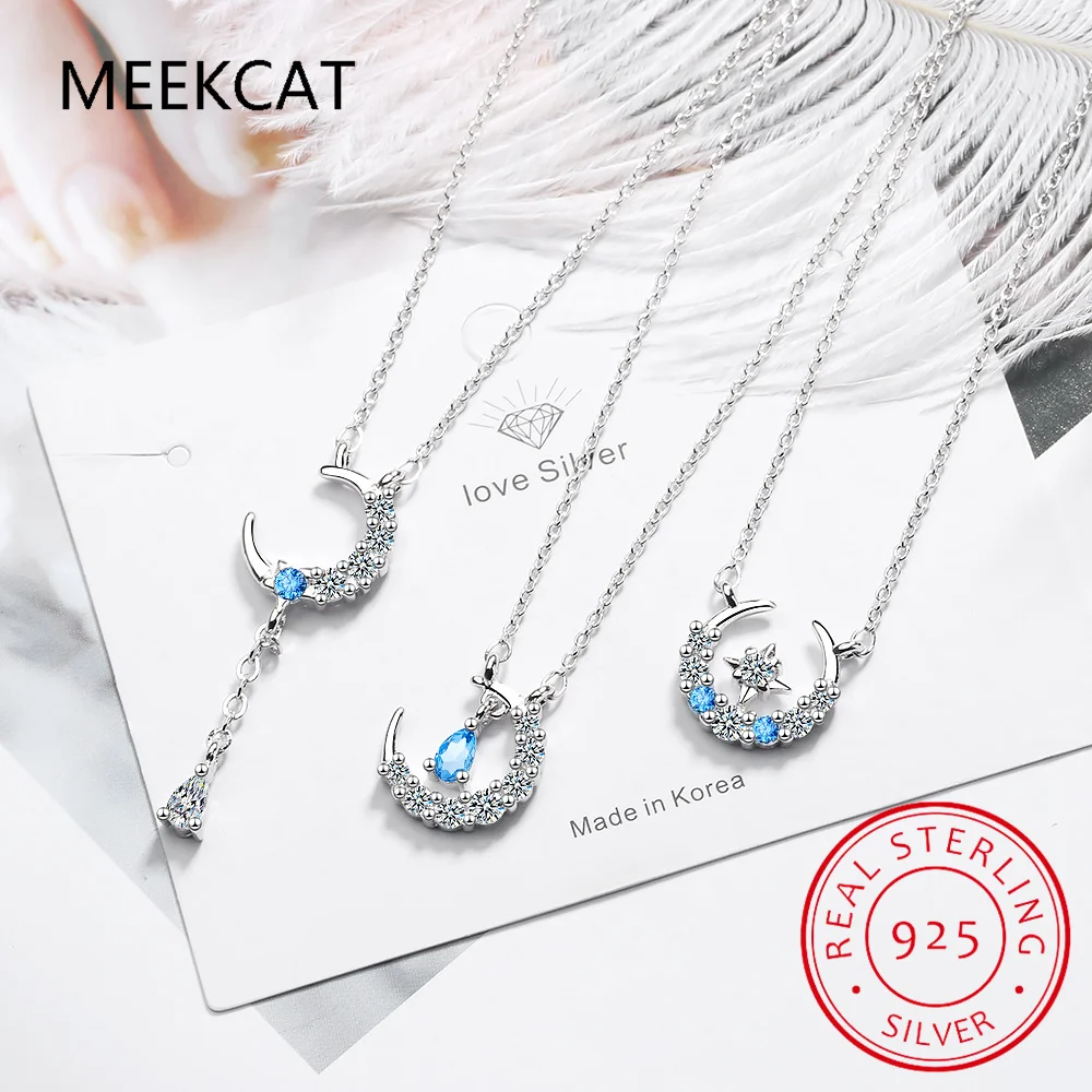 Pear Natural Sky Blue Topaz 925 Sterling Silver Moon Star Pendant Necklace for Women Gemstone Fine Jewelry Choker de Prata