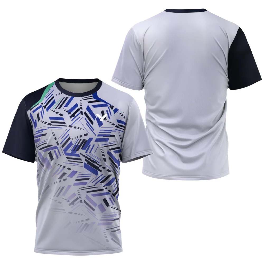 T-shirt de badminton manga curta masculina com fragmento estampado, marca de luxo, camiseta tênis de mesa, verão