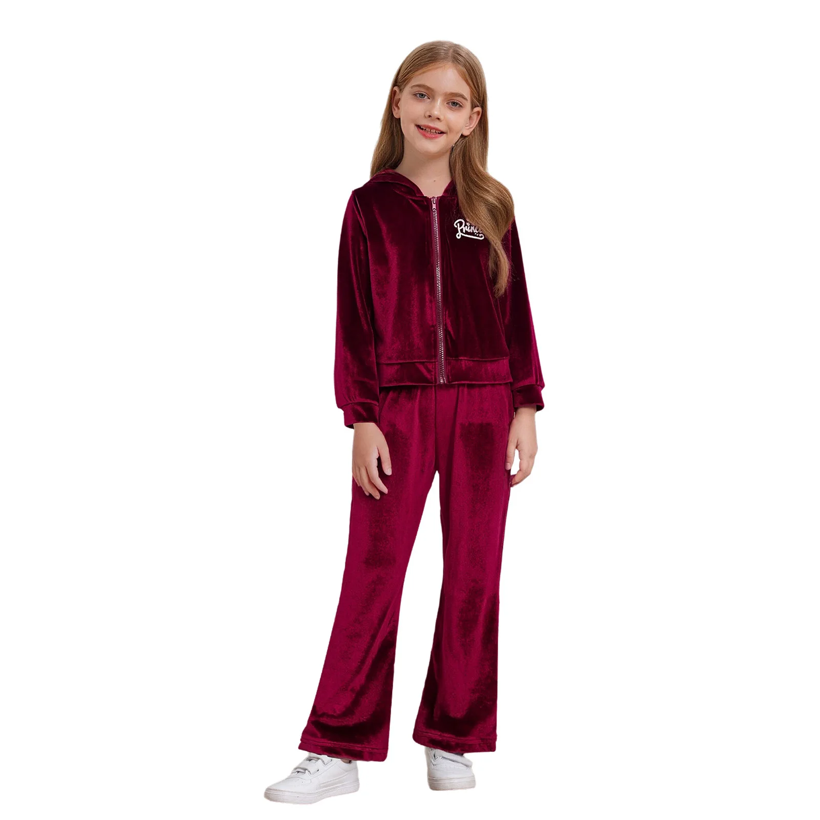 

Kids Girls Velvet 2-Piece Outfits Autumn Casual Clothes Long Sleeve Metallic Letters Zip-Up Hooded Jacket with Flared Pants Set
