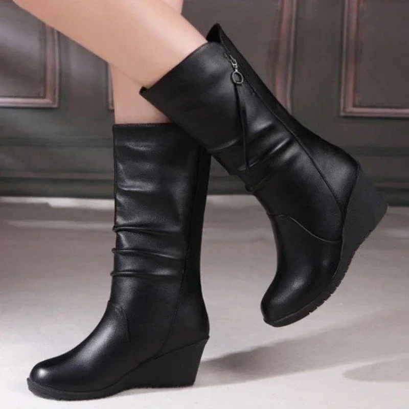 Women Wedges Leather Boots Round Head Mid-calf Boots Side Zipper Walking Shoes Non-slip Thick Sole High Heels Botas Para Mujeres