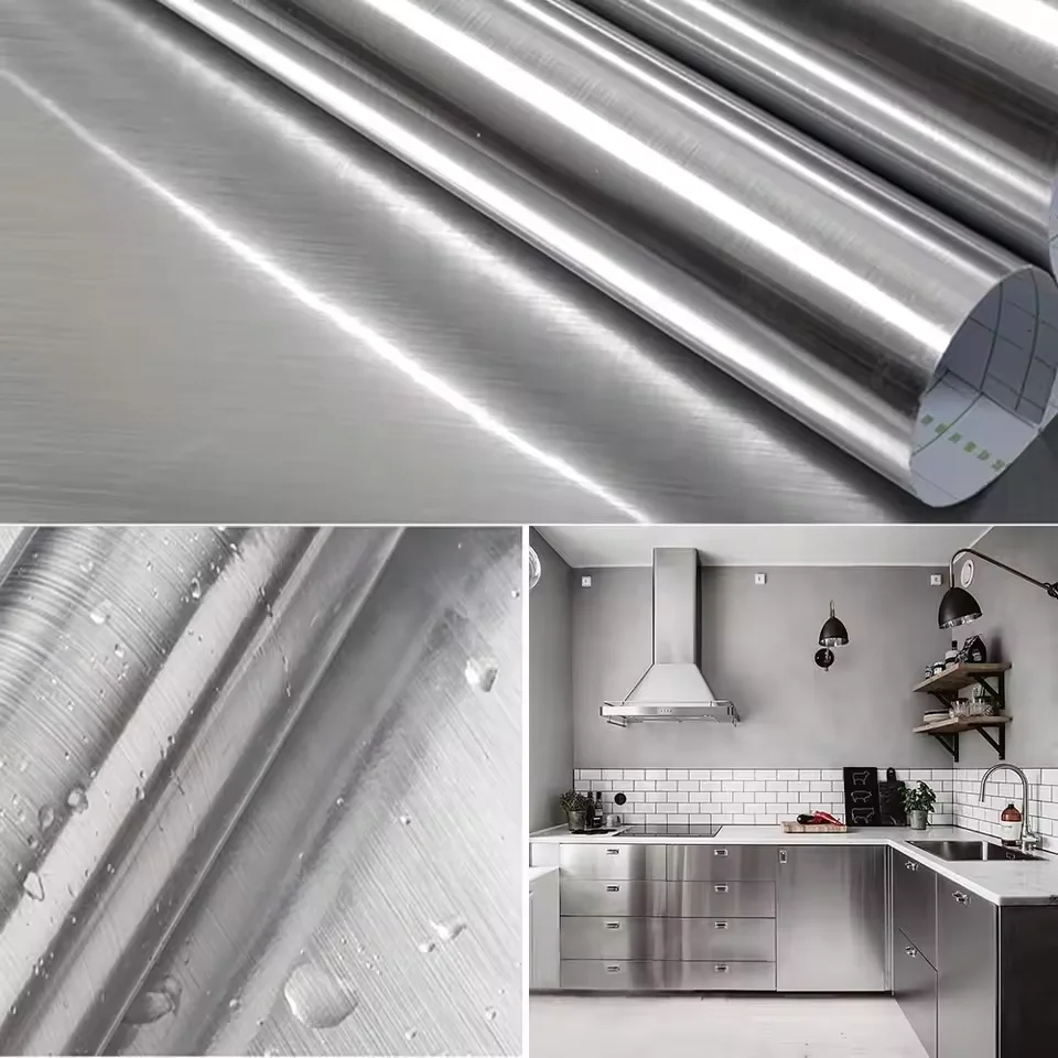 PVC Edelstahl Gebürstete Silber Abziehbare Tapete Dekorfolie Vinyl Wasserdicht Ölbeständig Haushaltsgeräte Küche Aufzug Aufkleber