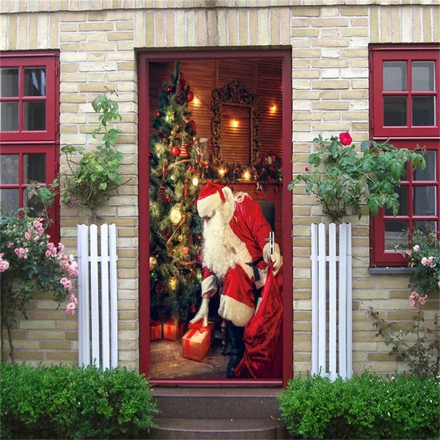 Christmas Door Stickers Mural Santa Claus Tree Self Adhesive Happy New Year Nativity of Jesus Poster Xmas Decoration Wallpaper