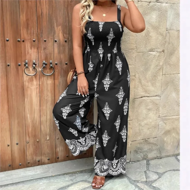 婦人服新しい夏のセクシーな背中の開いた気質エレガントなノースリーブプリントボヘミアンタンクワイドレッグパンツジャンプスーツ女性のための