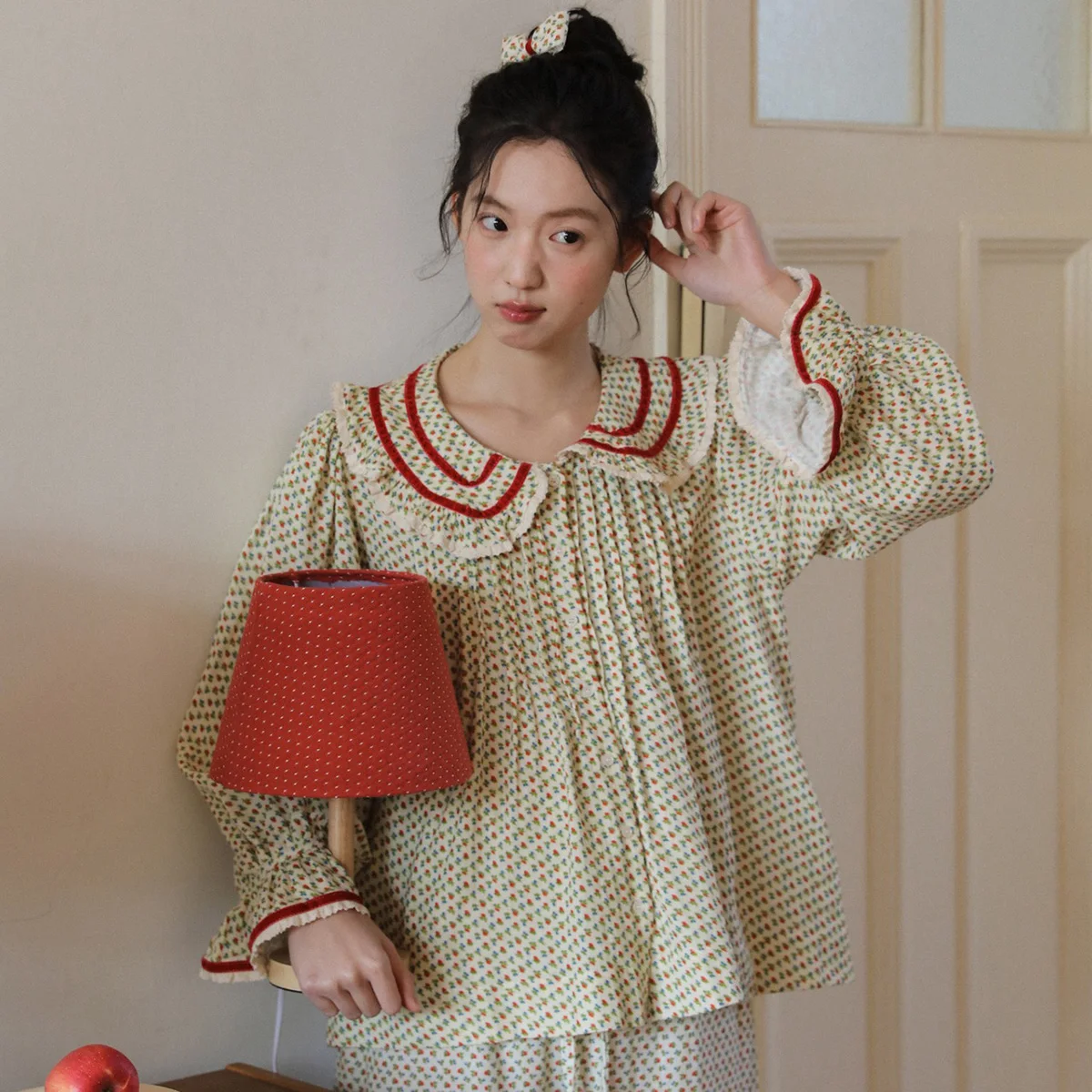 

100% Cotton French Retro Red Rose Floral Lace Sweet Girls Cute Pajama Set Women Female Vintage Home Outfit