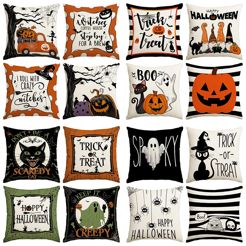 4pcs Retro Truck Pumpkin Witch Black Cat Pumpkin Pattern Pillow, Farmhouse Home Decoration Sofa Cushion Cover (No Pillow Core)