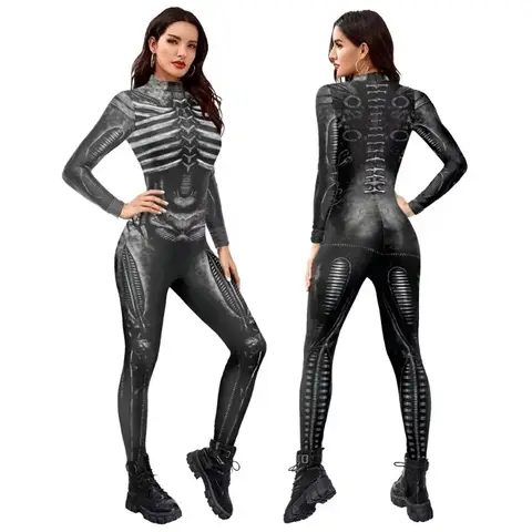 Halloween Cosplay Costume Horror Zombie Day of The Dead Skeleton Printerd Bodysuit Party Role Playing Zentai Catsuit for Women