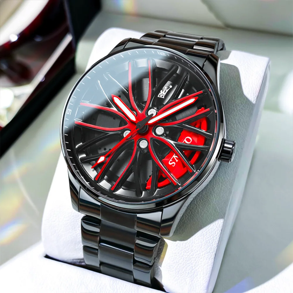 OLEVS Wheel Hub Men\'s Watches Trend Fashion Quartz Wristwatch Original Movement Waterproof Steel Luminous 3D Hollow Rotary Dial