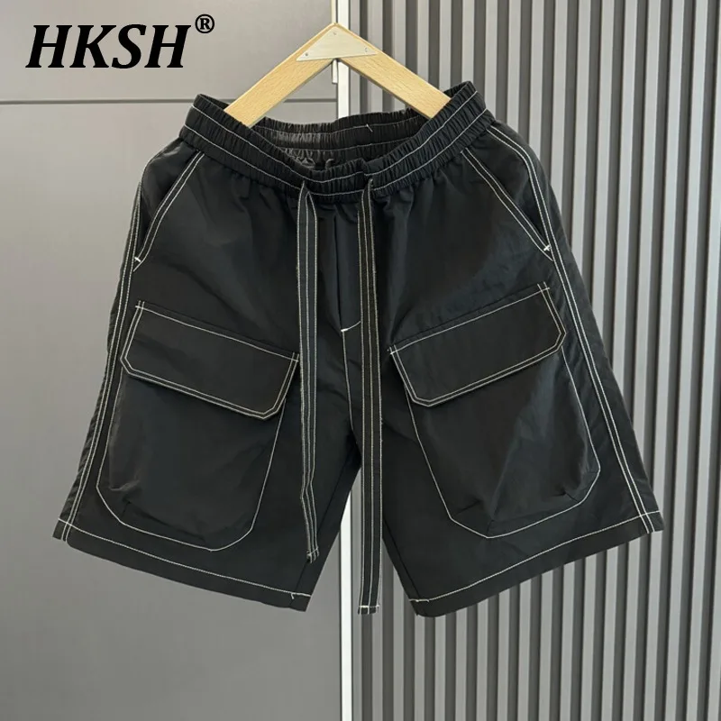 HKSH Summer New Men\'s Tide Chic Pockets Capris Quick Drying Safari Style Shorts Solid Color Korean Thin Knee Length Pants HK1752