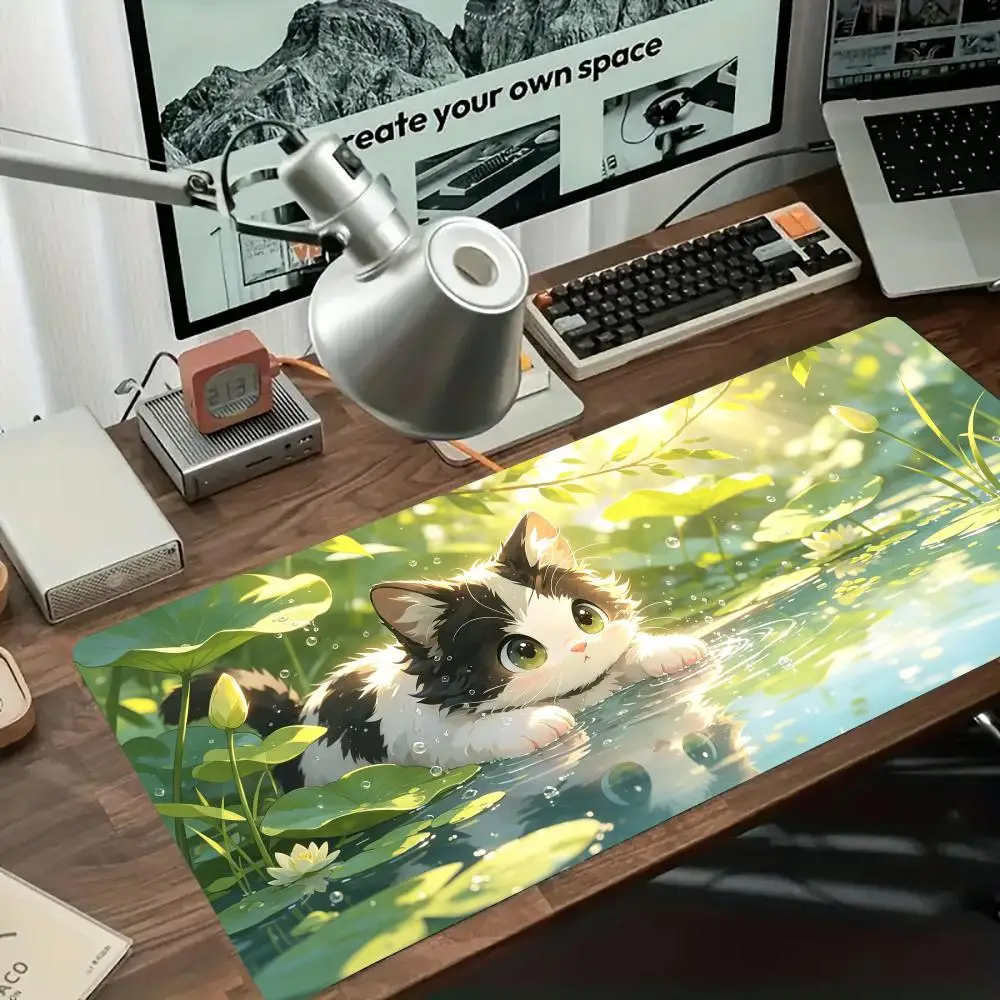 Warm sunset forest stream cute orange white kitten playmat gentle fresh gaming desk mat