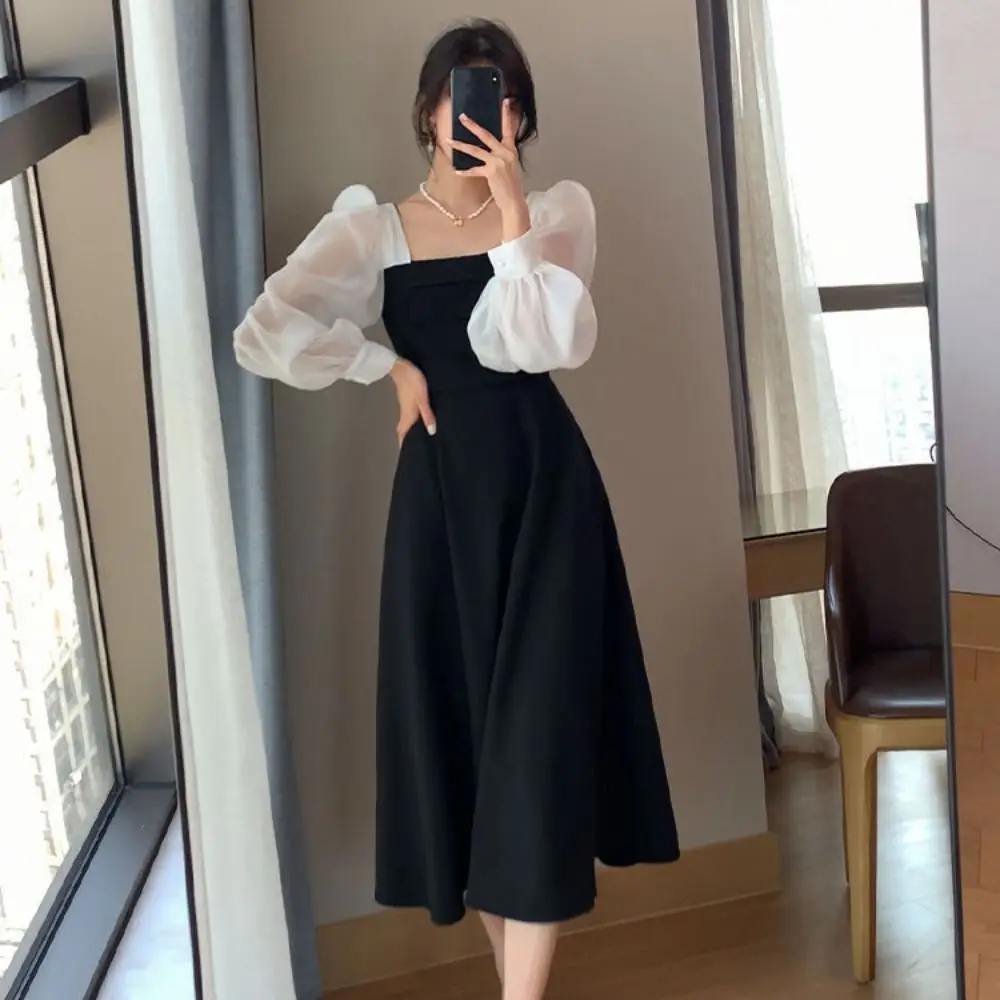 

Holiday Style Square Collar Puff Sleeve Floral Dress Bubble Sleeves Hepburn Square Neck Long Dress Retro Midi Tea Break Dress