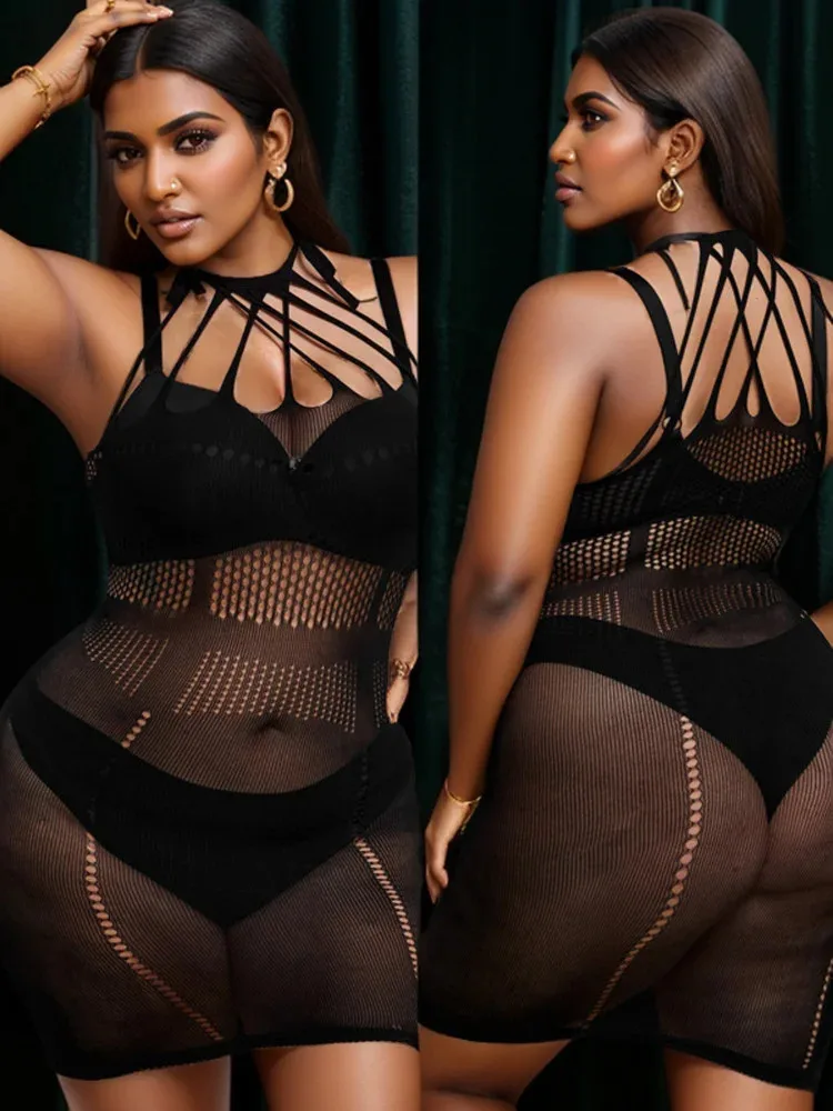 

High Elasticity Fishing Net Pajamas Women's See through Hollow Bodycon Skirt Sexy Erotic Sleepwear Body Underwear Female Costume