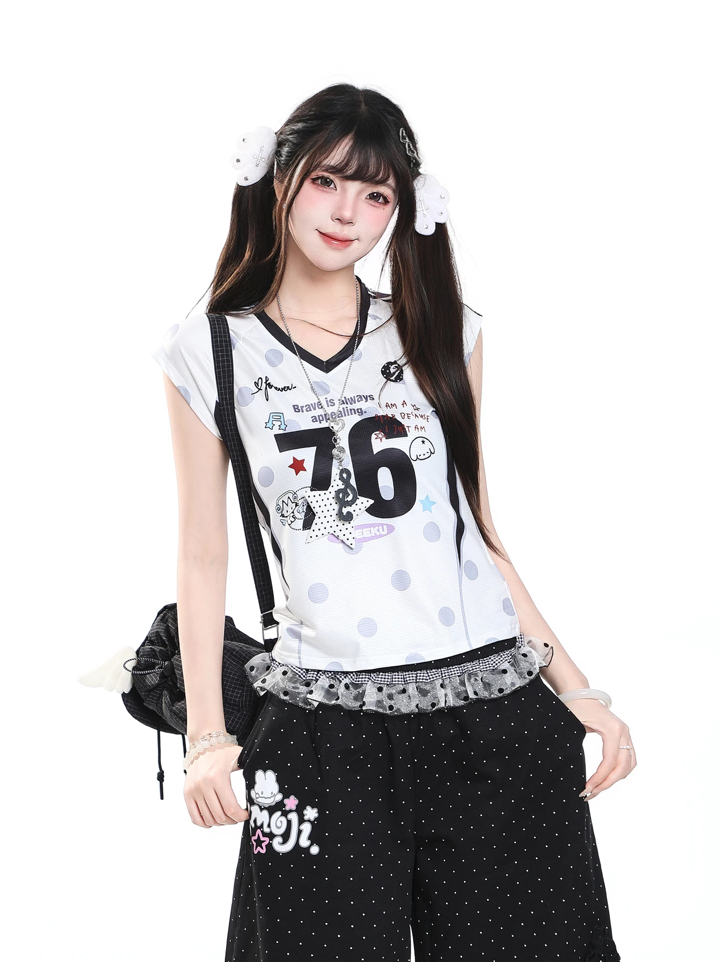American Casual Style V-Neck Short Sleeve T-Shirt Women's Summer Color Block Slimming Short Length Sporty Style Ball Shirt