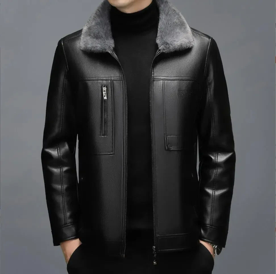 Spring and Autumn Men's Genuine Leather Coat with Fur One Piece Collar Sheepskin Short Top Thickened and Warm Winter