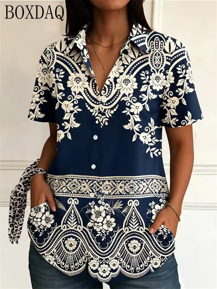 Women's Summer Shirt Casual Button Short Sleeved Lapel Flower Pattern Ethnic Style Printed Loose Blouse
