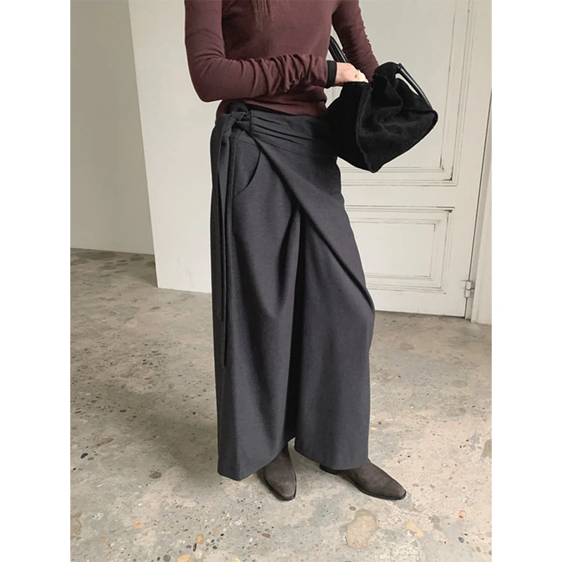 MEXZT Vintage Irregular Midi Skirt Women Elegant Folds Bandage Skirts Office Ladies Fashion Korean Design Asymmetrical Faldas