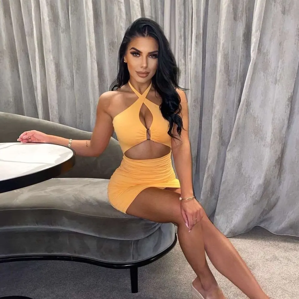 2025 Abito aderente sexy per donna Estate tinta unita senza schienale ritagliato da donna con colletto all'americana incrociato Club Cocktail Party Mini abito