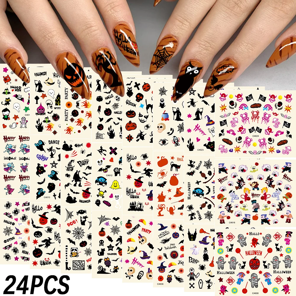 

24pcs/Set Halloween 3D Nail Art Stickers Demons,pumpkins,bats,ghosts,skulls Nail Decals Y2K All Saints' Day Manicure Nail Slider