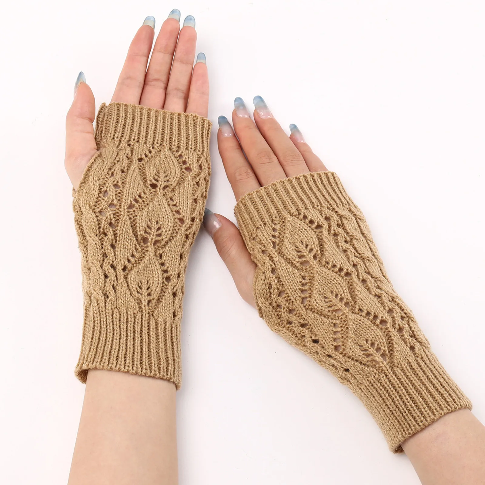 Winter Gloves Women Cold Weather Warm Elbow Glove Half Finger Elastic Gloves Solid Color Knitted Lined Mittens For Women