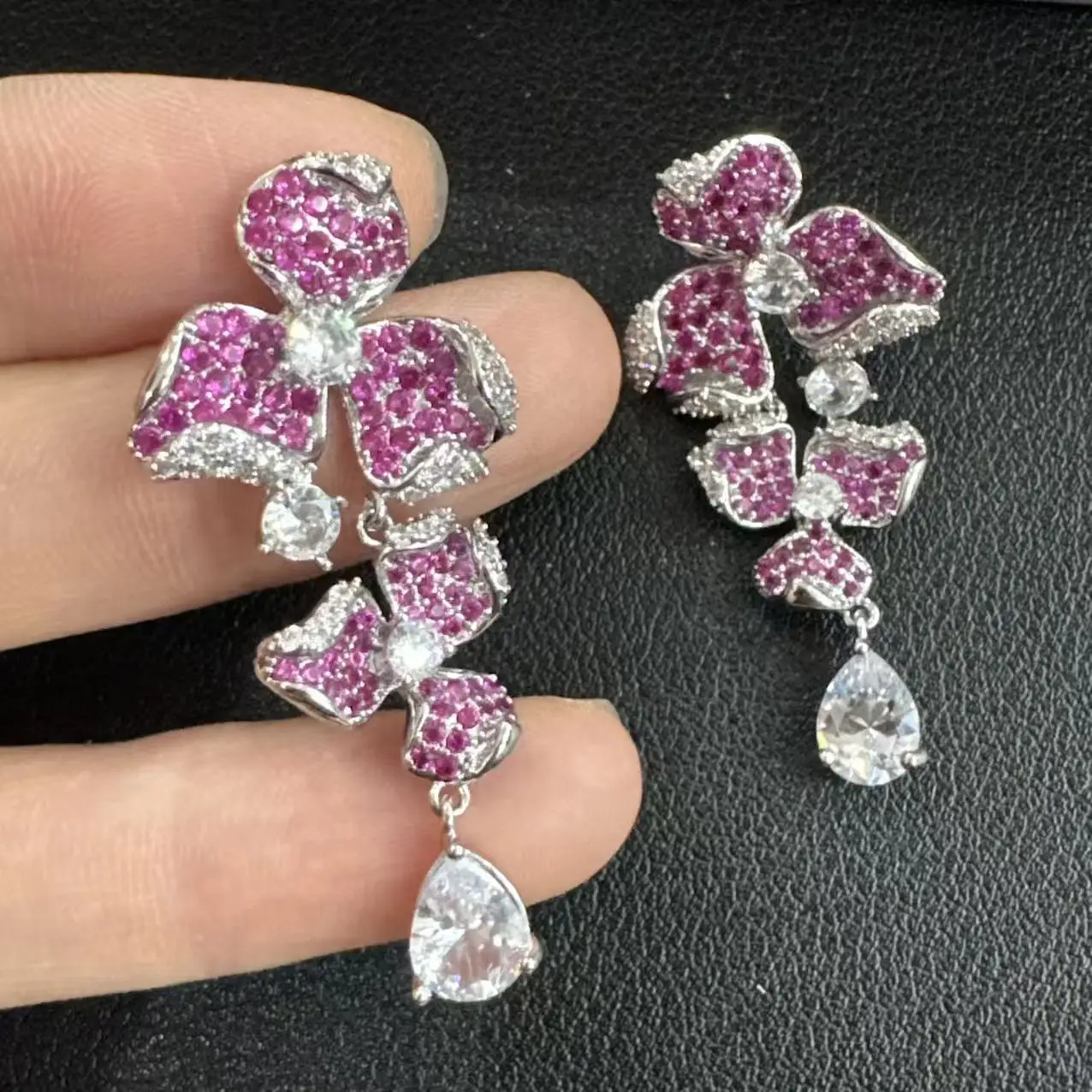 

Ornate Cubic Zirconia Flower Dangle Earrings for Women Elegant Statement Jewelry for Evening Party Pink Blue Fushia Zircon