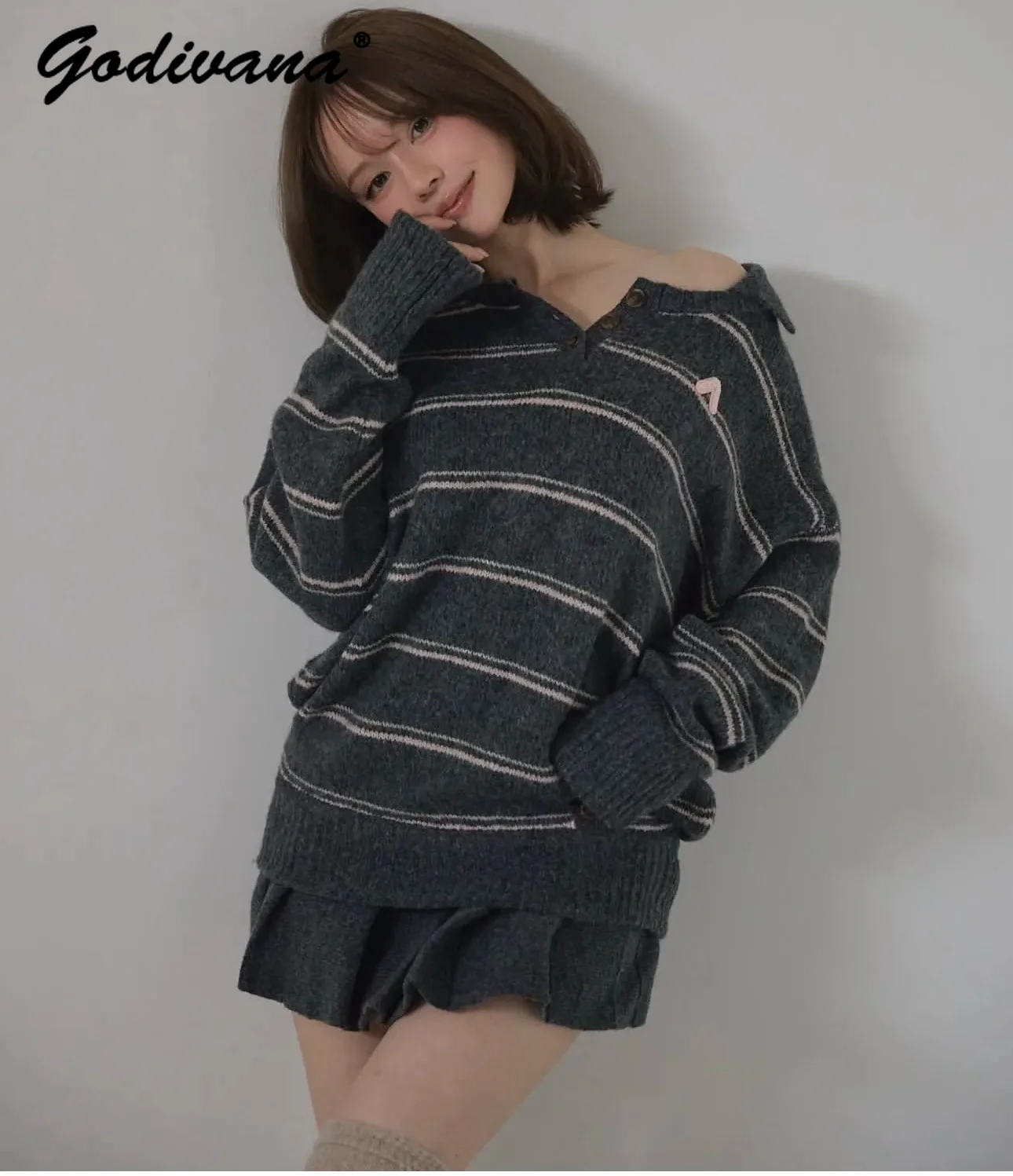 New Autumn Women Japanese Sweet Innocent 2 Piece Outfit Girl Striped Loose Pullover Sweater Knit Pleated Mini Skirt Preppy Set