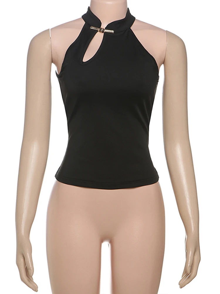 TARUXY Women's Stand Collar Sleeveless T-shirt Vest Cut Out Sexy Slim Tank Top Solid Retro Elegant Lady 2025 Summer Fashion New