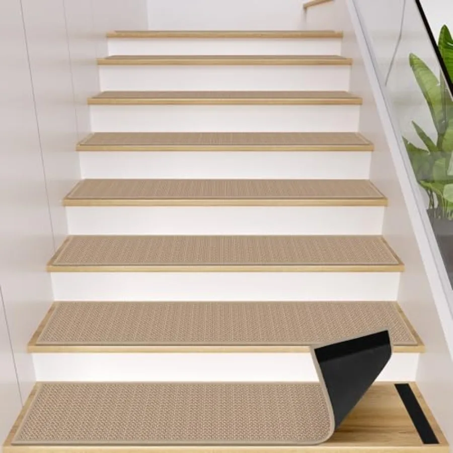 Peel and Sticker Jute s Non Slip for Wooden Steps Indoor, 5 Pack Rubber Backed Stair Pads Rug, Removable Adhesive Staircase Mat