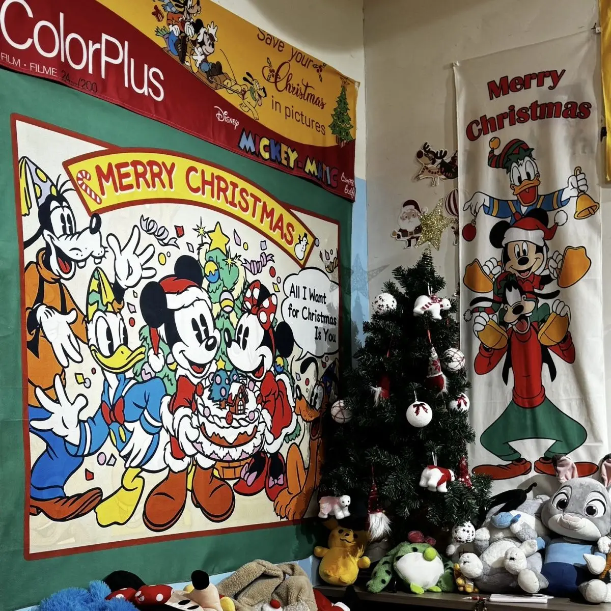 ديزني ميكي الكرتون لطيف خمر عيد الميلاد ملصق الإبداعية شخصية تحت عنوان خلفية القماش الديكور شنقا القماش هدية #5