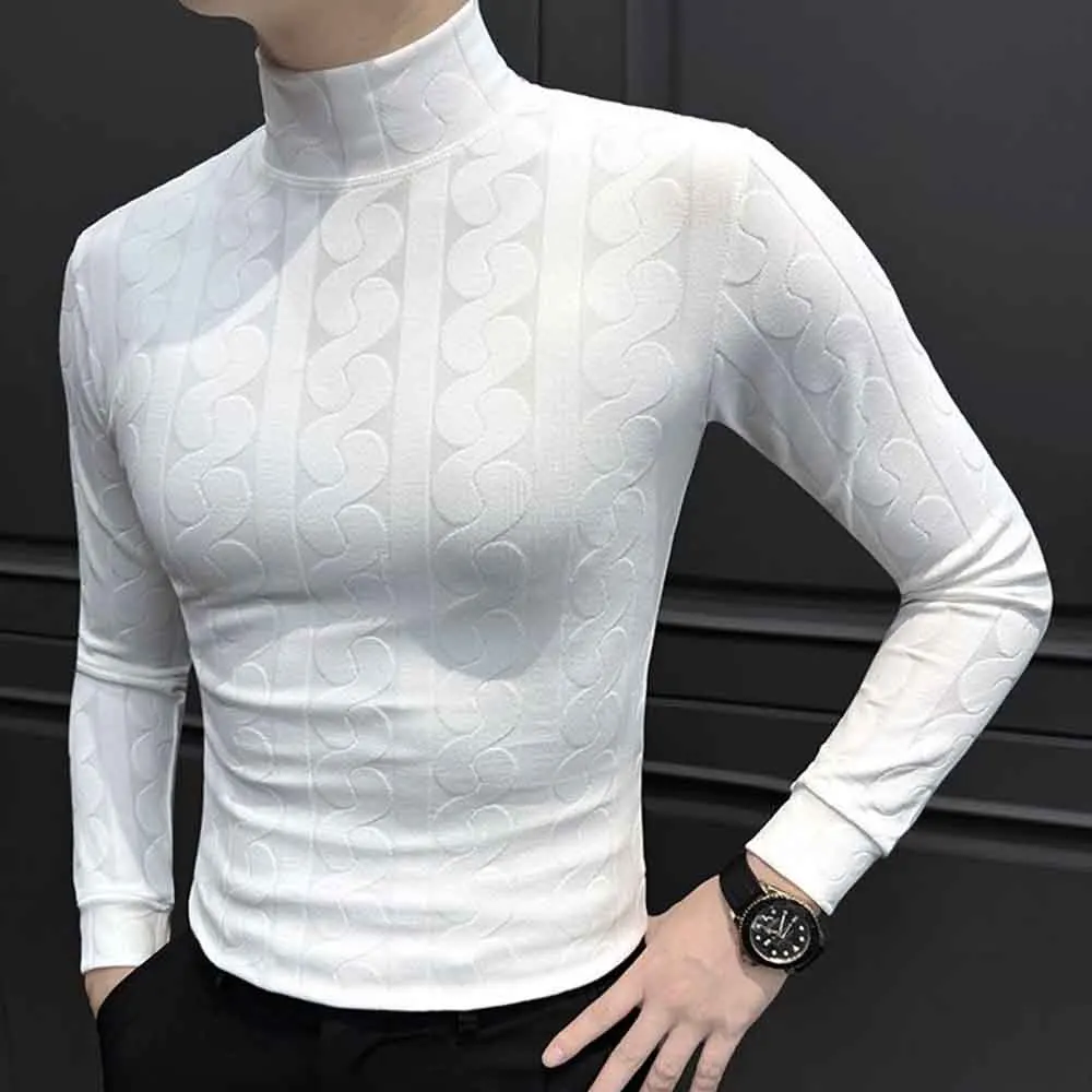 Mens Spring T-Shirt Jacquard Slim Fit Innerwear Casual T-Shirt Fashion Outdoor Versatile Court Long Sleeve Top Men'S Clothing