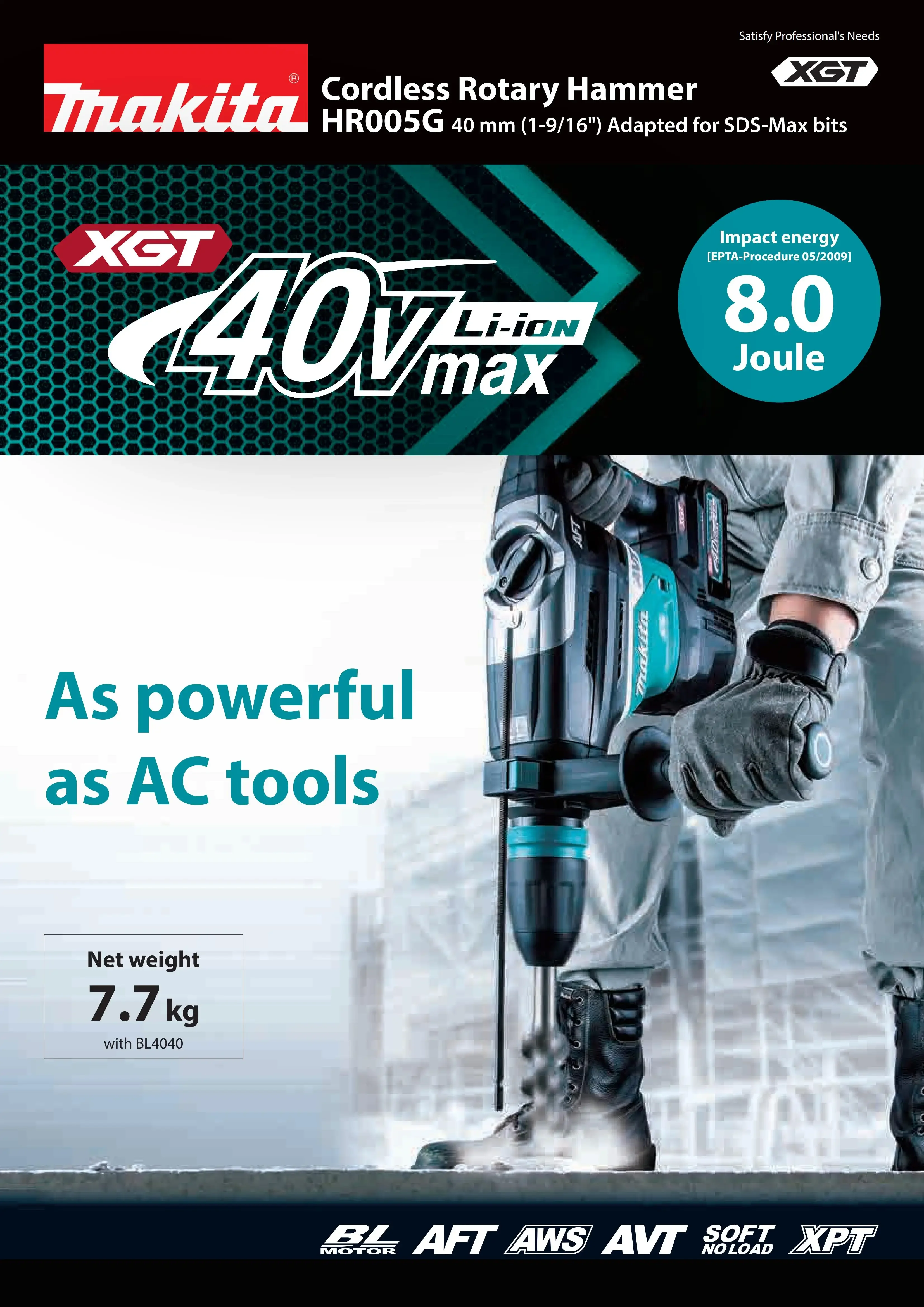 Makita HR005GZ Brushless Cordless AWS 40mm Rotary Hammer-SDS-Max XGT 40V Lithium Power Tools 8J 2900IPM