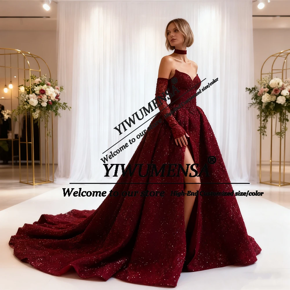 فساتين سهرة بدون حمالات ترتر سباركلي للعروس بدون أكمام بفتحة جانبية على شكل حرف A فساتين حفلات مخصصة للنساء ملابس رسمية للحفلات