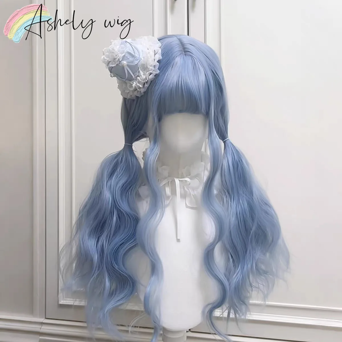 Baby Blue Wig with Bangs 24inch Water Wavy Hair Wigs for Women Lolita Headband Wigs Pastel Blue Heat-resistant Synthetic Wigs 가발