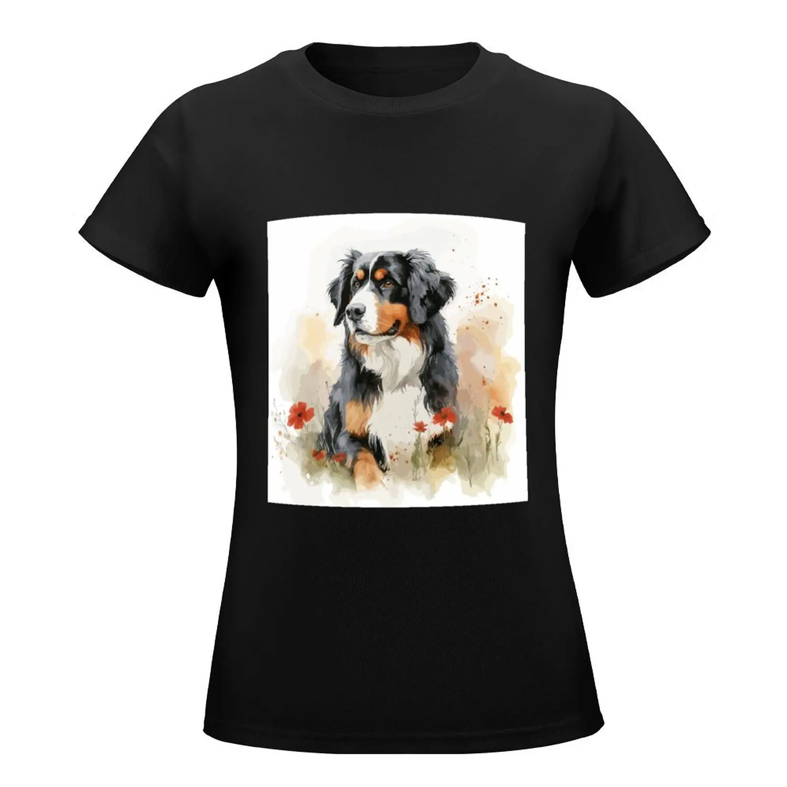 Watercolor flowers - Bernese Mountain Dog T-Shirt blacks funnys fashion woman blouse 2024