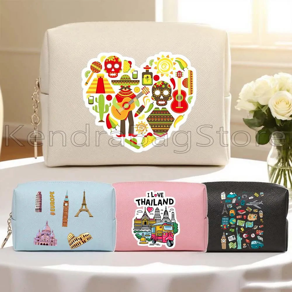 España Italia Islandia Malta EE. UU. Marcos Europa Paquete de viaje Bolsas de cosméticos de viaje de cuero PU Bolsa de almacenamiento impermeable para maquillaje de mujer