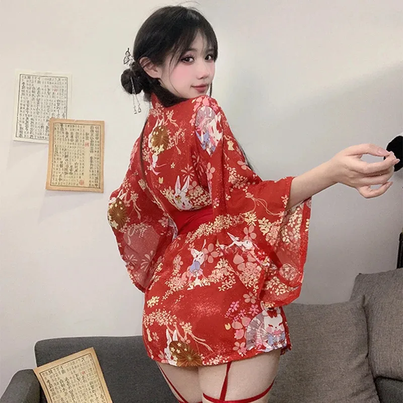 Bata tipo kimono japonesa para mujer, vestido de lencería, cárdigan Sakura, camisones sexys con lazo grande, albornoz Kawaii, ropa para el hogar con Pantya