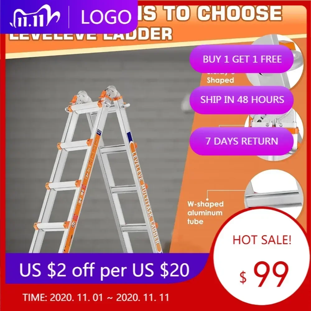 سلم تمديد متعدد المواضع بطول 17 قدم مع مثبت وعجلات، سعة تحميل 330 رطلاً #2