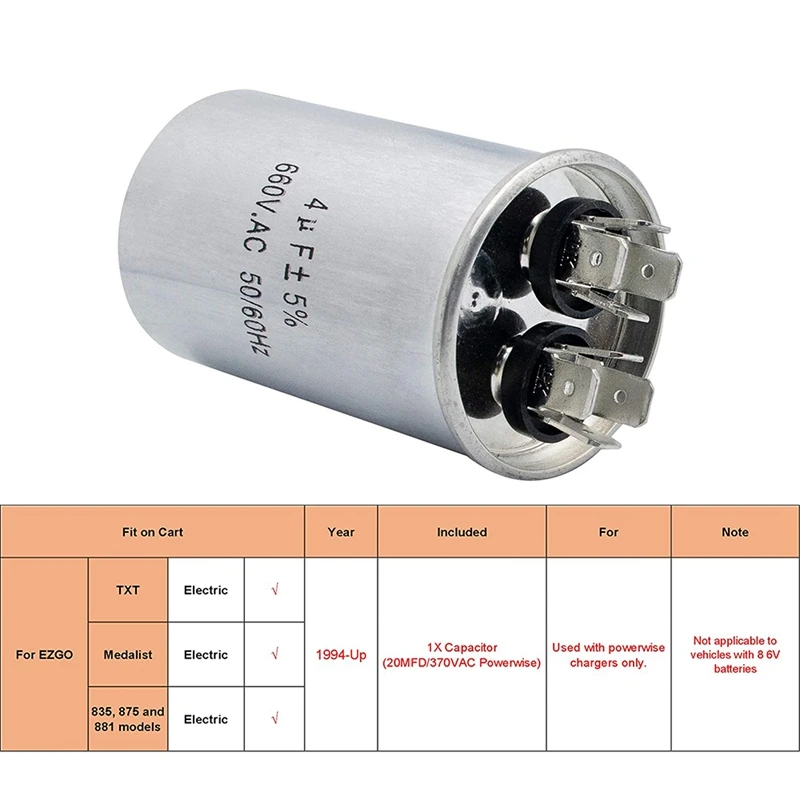 EZGO Capacitor para Club Car, 36 Volt Powerwise ou Lester Carregadores, 36 Volt, 370VAC, 28109-G01