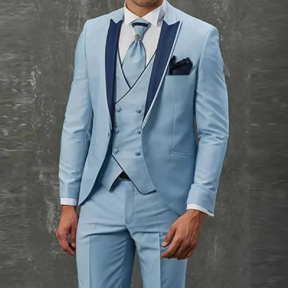 

2024 New Fashion Sky Blue Men's Suits Custom Slim Fit Smart Casual Tuxedo Male Wedding Groom 3 Piece Terno Masculinos Completo