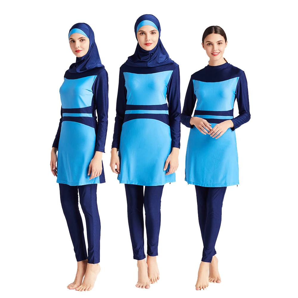 Maillot de bain burkini à manches longues pour femmes musulmanes, vêtements de plage, patchwork bleu clair, combinaison de plongée, maillot de bain, neuf, S-6XL, 3 pièces