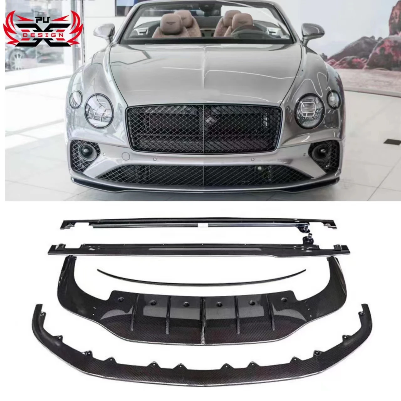 Carbon Fiber For Bentley Continental GT W12 Style Front Bumper Lip Side Skirts Diffuser Spoiler Body Kit