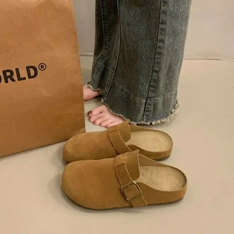 Women Suede Closed Toe Mules Slippers Adjustable Buckle Flat Slip On Clogs Retro Casual Outdoor Backless Shoes