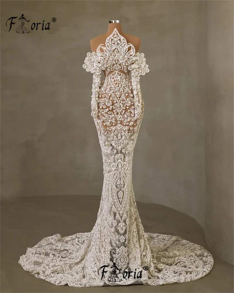 Abito da sposa a sirena con spalle scoperte di perle di lusso abito da sposa con applicazioni floreali in pizzo 3D abiti da sera da sposa vedere attraverso abiti da spettacolo