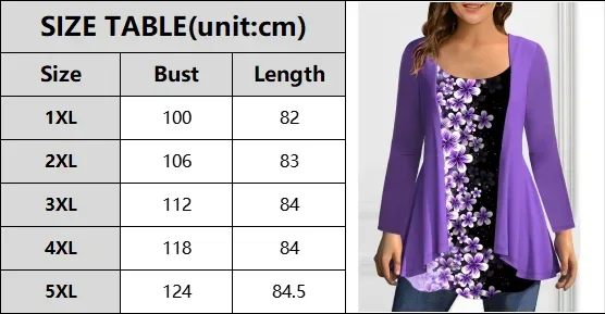 Damska koszulka z długim rękawem Plus Size Patchwork Floral Print Aysmmetric Elegant Casual Vintage Square Collar Autumn Tee Tops