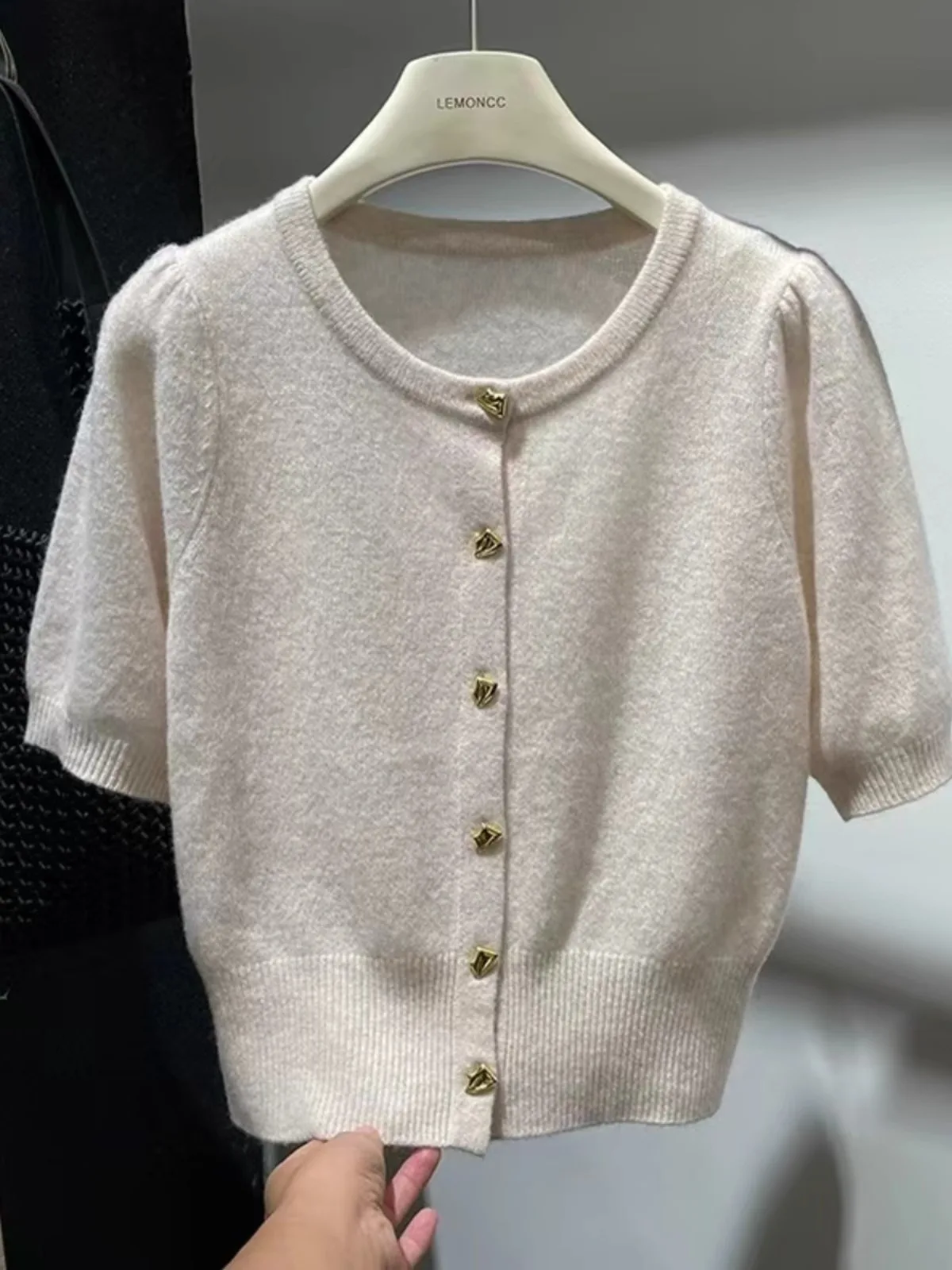 ヨーロッパステーション春夏新作トップスレディース100ウールニットカーディガン半袖ラウンドネックデザインセンスカシミヤセーター