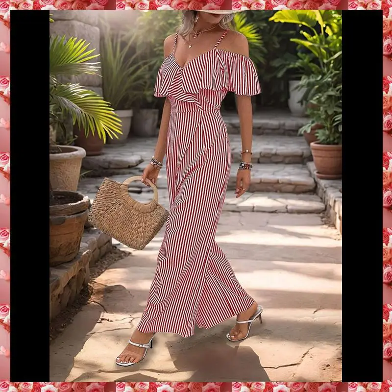 Mulheres listrado plissado macacões elegante verão suspender calças de perna larga macacão