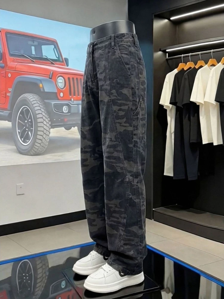 Mens Spring Summer Camo Straight Leg Jeans American Retro Logger Workwear Denim Pants Clean Fit Streetwear Trousers