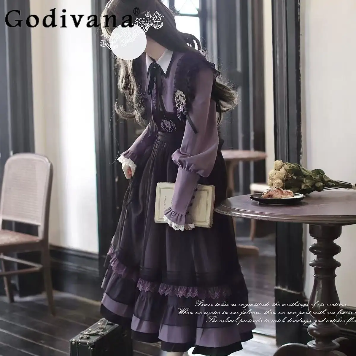 

Academy Style Retro Elegant Lady Lolita Long Sleeve Dress Daily Commute Gothic Medieval Style Long Pants Dress for Women
